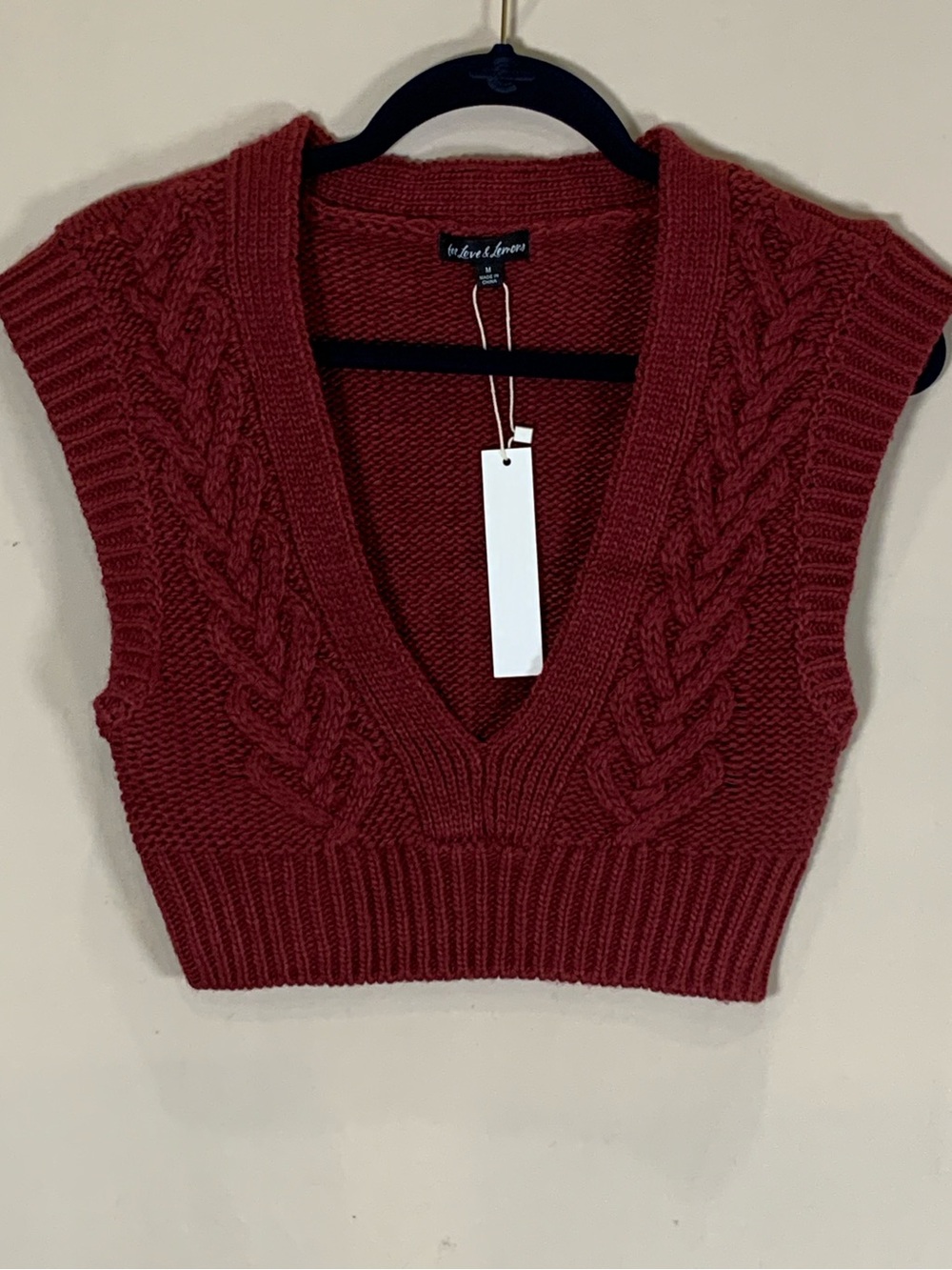 For Love & Lemons Layton Cropped Cable Knit Sweater Vest Burgundy Medium NWT